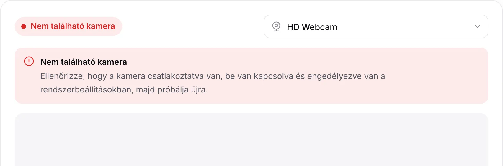 A webkamera nézegető a piros „Nem található kamera” üzenettel