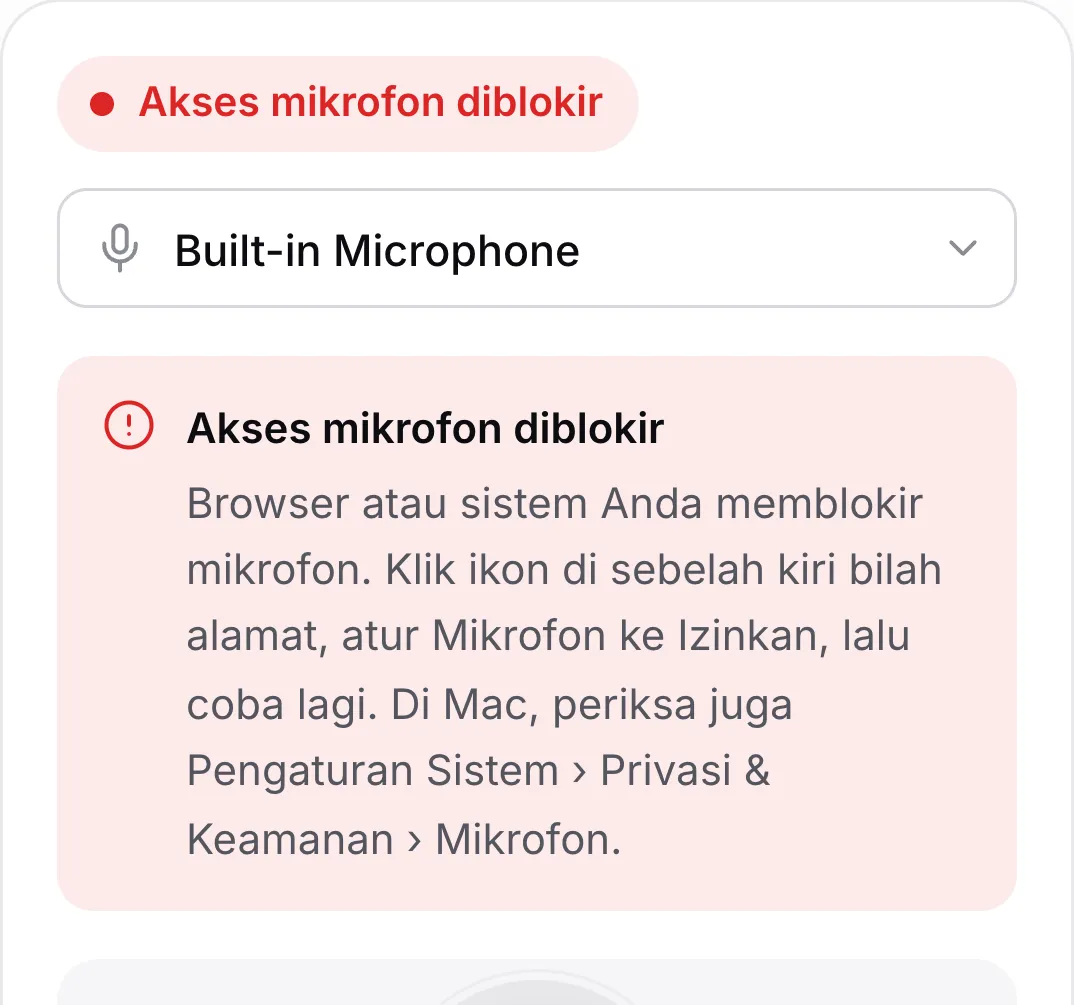 Tes mikrofon di ponsel yang menampilkan pesan merah “Akses mikrofon diblokir”