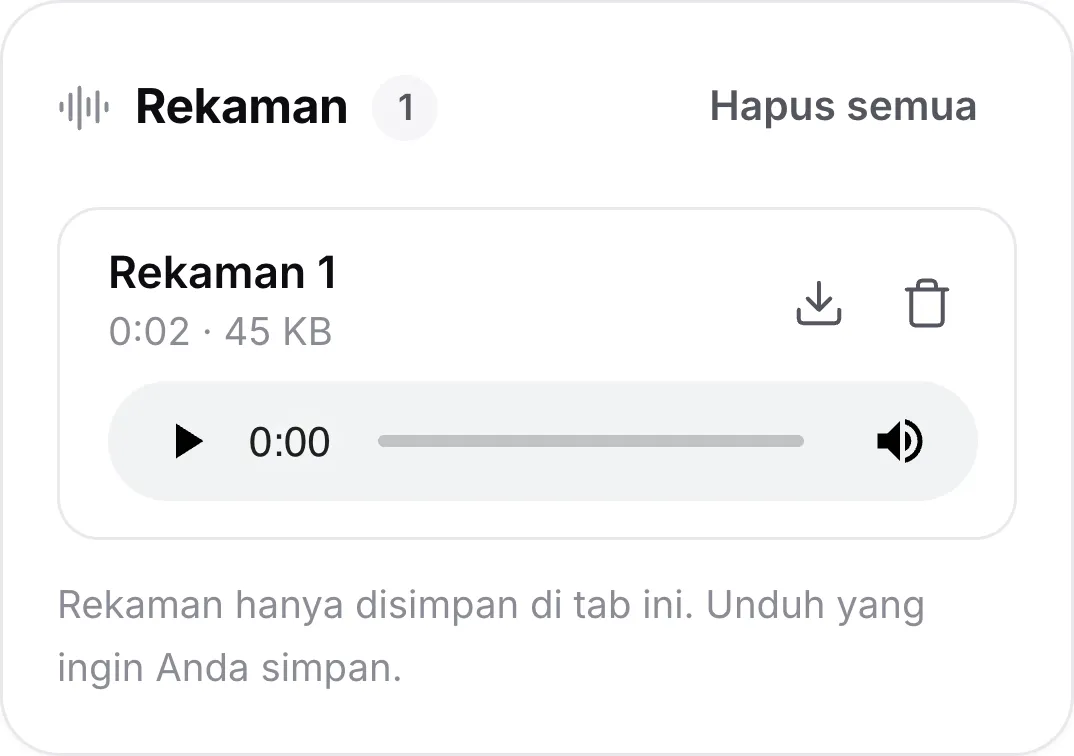 Sebuah rekaman di ponsel dengan durasinya, pemutar, serta tombol unduh dan hapus