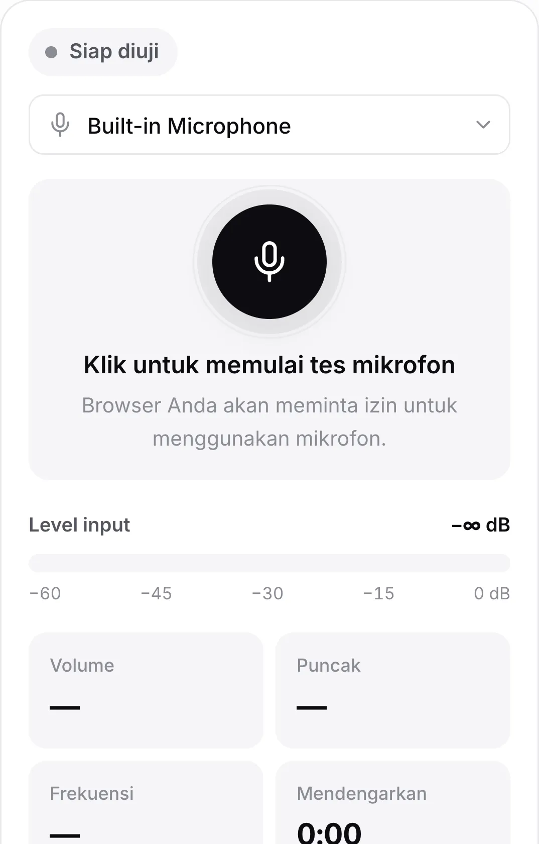 Tes mikrofon di ponsel sebelum dimulai, dengan tombol mikrofon besar