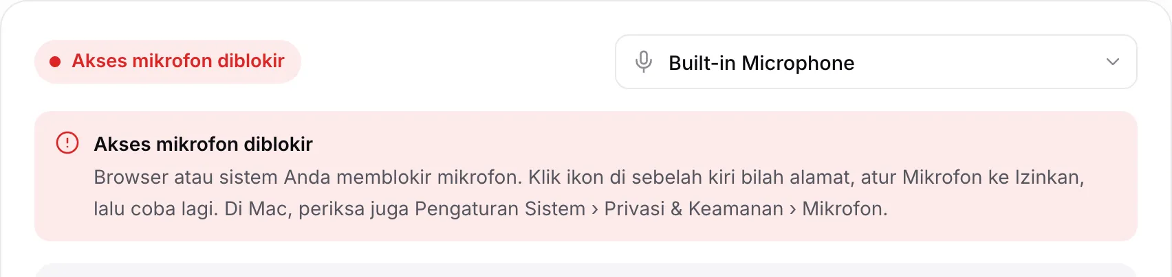 Tuner yang menampilkan pesan merah “Akses mikrofon diblokir” beserta petunjuknya