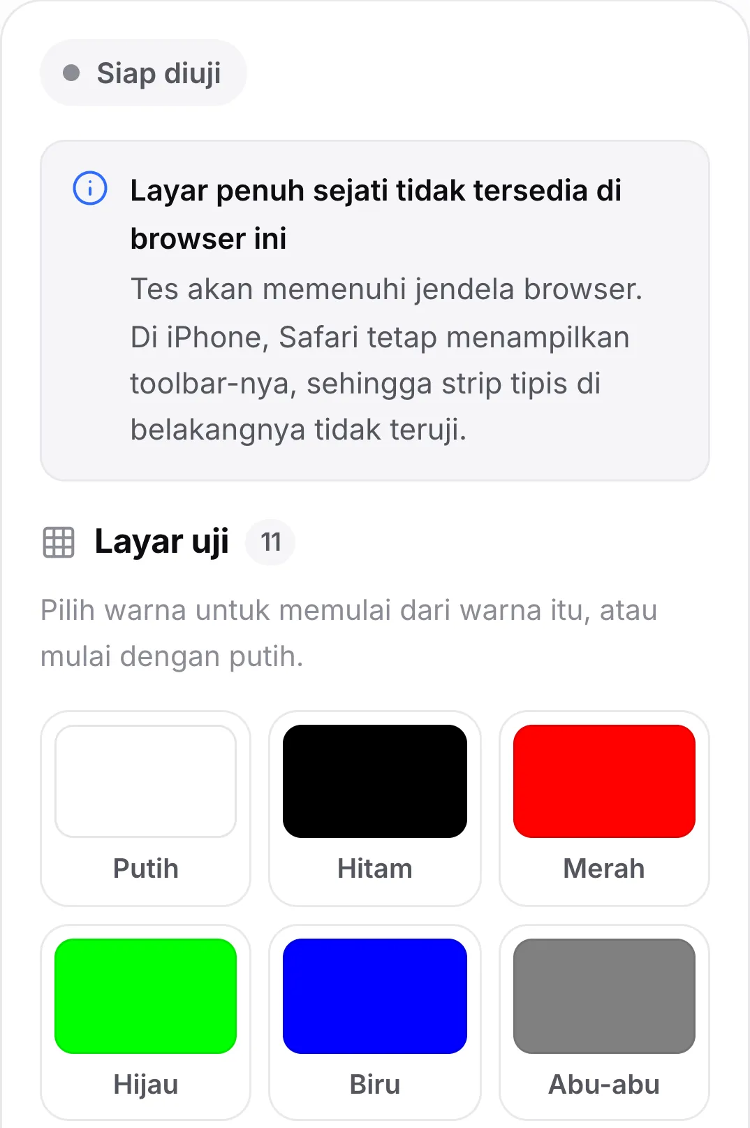 Tes dead pixel di iPhone yang menampilkan pemberitahuan “Layar penuh sejati tidak tersedia di browser ini” di atas contoh warna