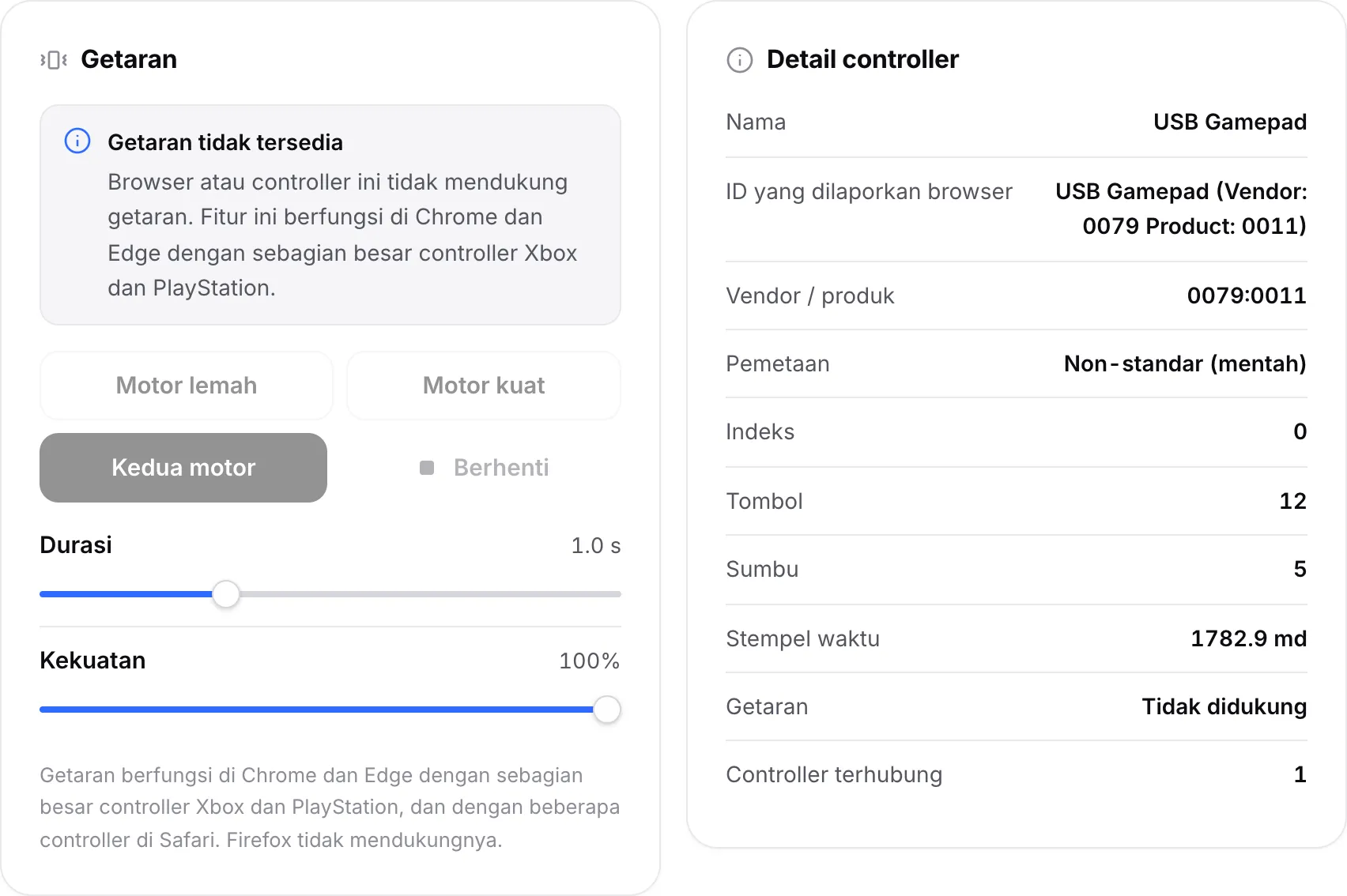 Panel Getaran dengan pemberitahuan “Getaran tidak tersedia” dan tombol motor yang dinonaktifkan; Detail controller menampilkan Getaran: Tidak didukung