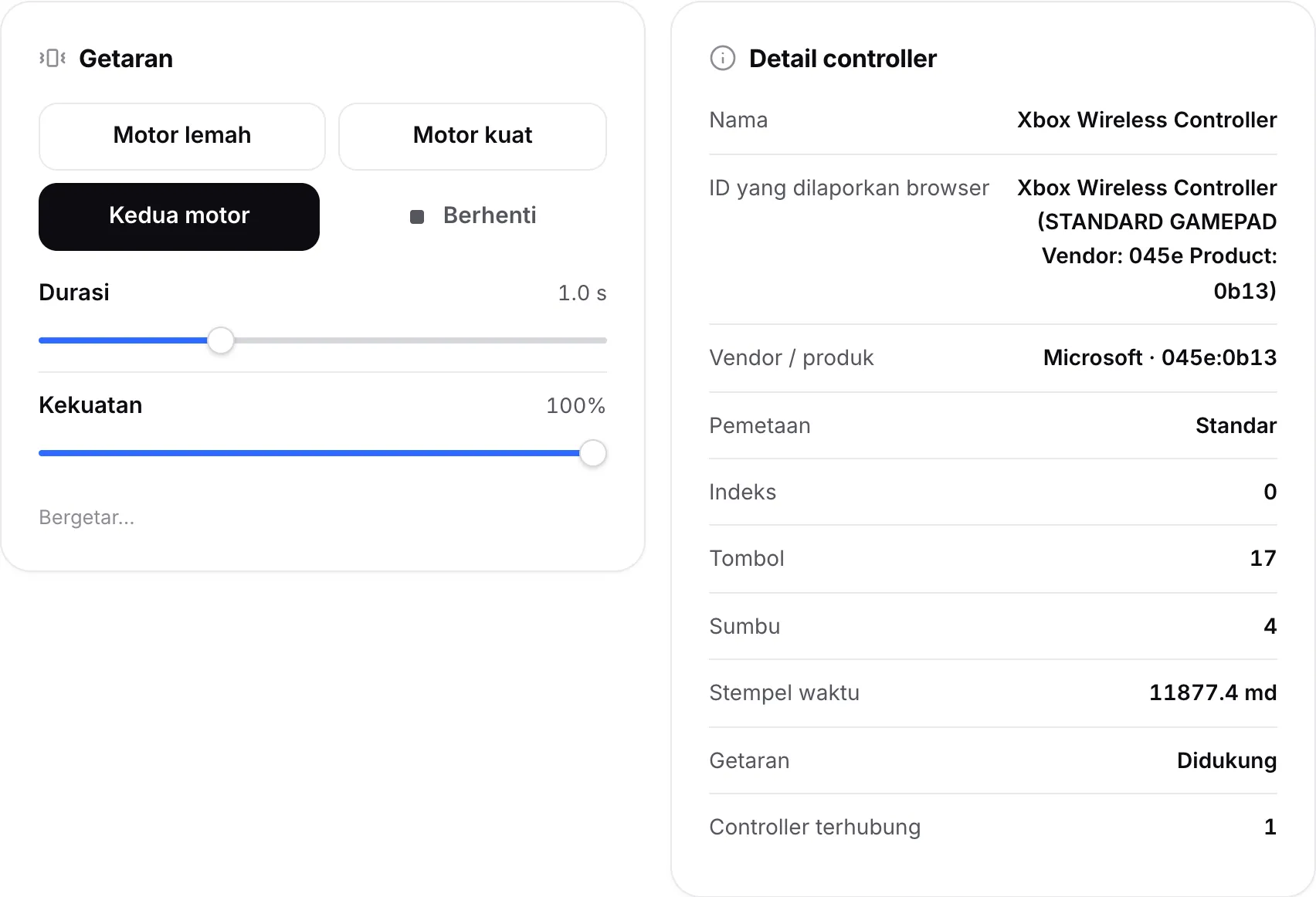 Panel Getaran dengan tombol motor dan slider di samping panel Detail controller yang menampilkan nama, ID, vendor, dan pemetaan