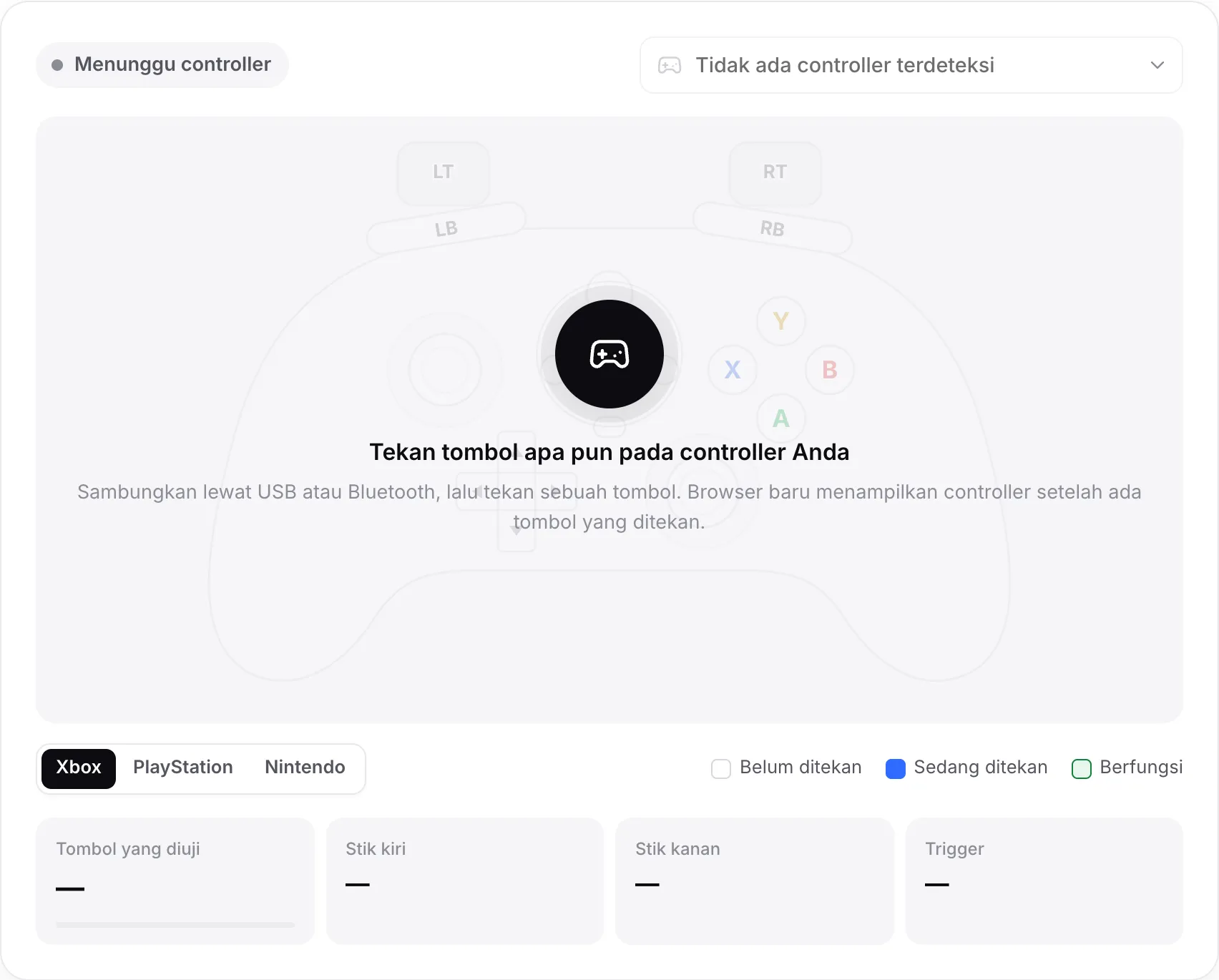 Penguji gamepad yang menunggu controller, dengan pesan “Tekan tombol apa pun pada controller Anda”