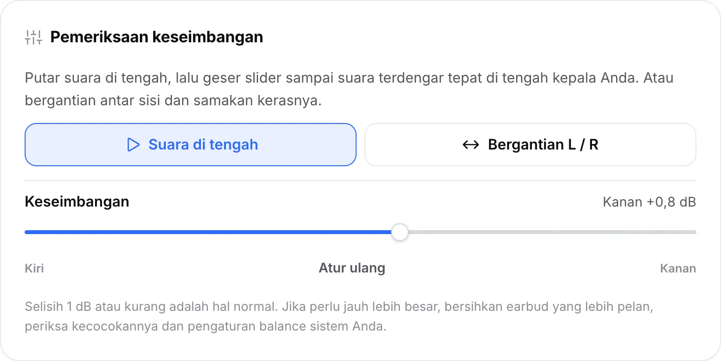 Pemeriksaan keseimbangan yang memutar suara di tengah, dengan slider keseimbangan digeser ke Kanan +0,8 dB
