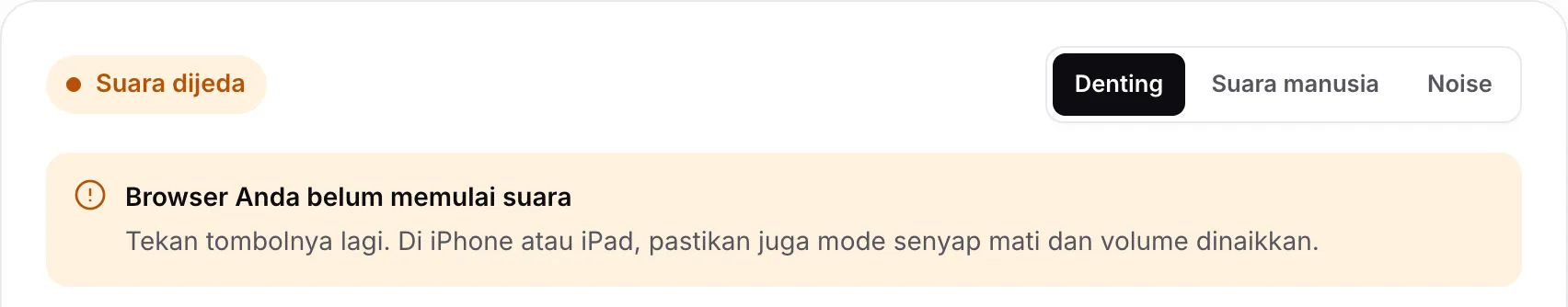 Tes headphone yang menampilkan status oranye “Suara dijeda” dan pemberitahuan “Browser Anda belum memulai suara”