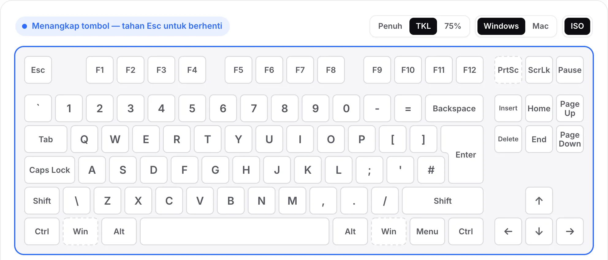 Tata letak TKL dengan ISO aktif: tombol Enter tinggi dan satu tombol tambahan di sebelah Shift kiri, tanpa numpad