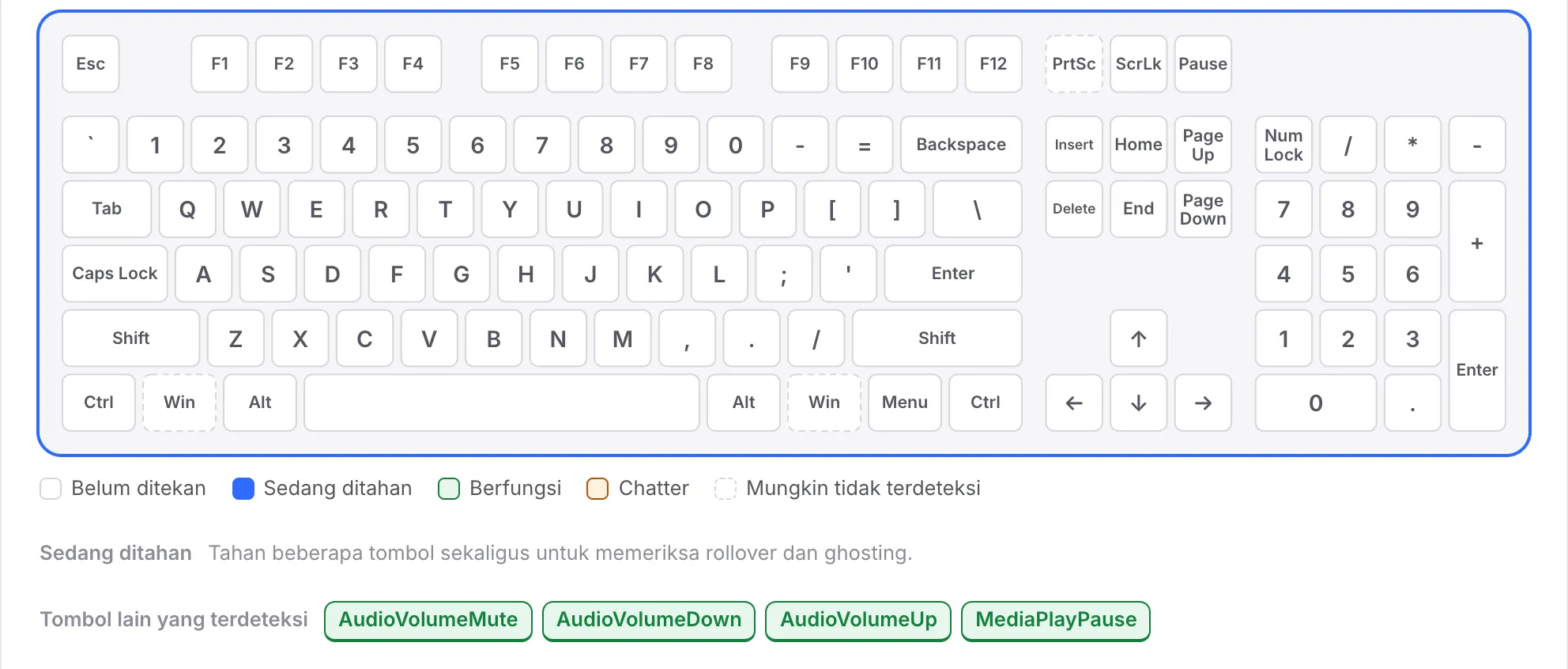 Baris F masih putih sementara AudioVolumeMute, AudioVolumeDown, AudioVolumeUp, dan MediaPlayPause tercantum di bawah Tombol lain yang terdeteksi