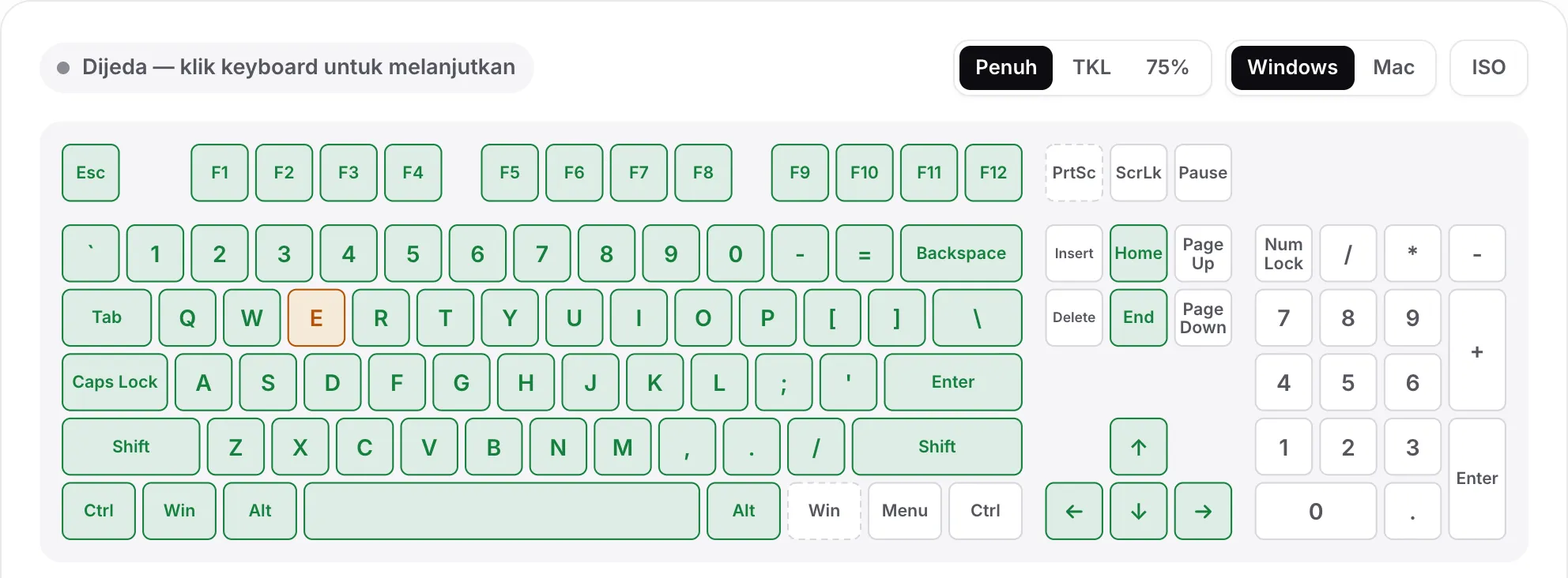 Tes keyboard yang dijeda, dengan status abu-abu “Dijeda — klik keyboard untuk melanjutkan”