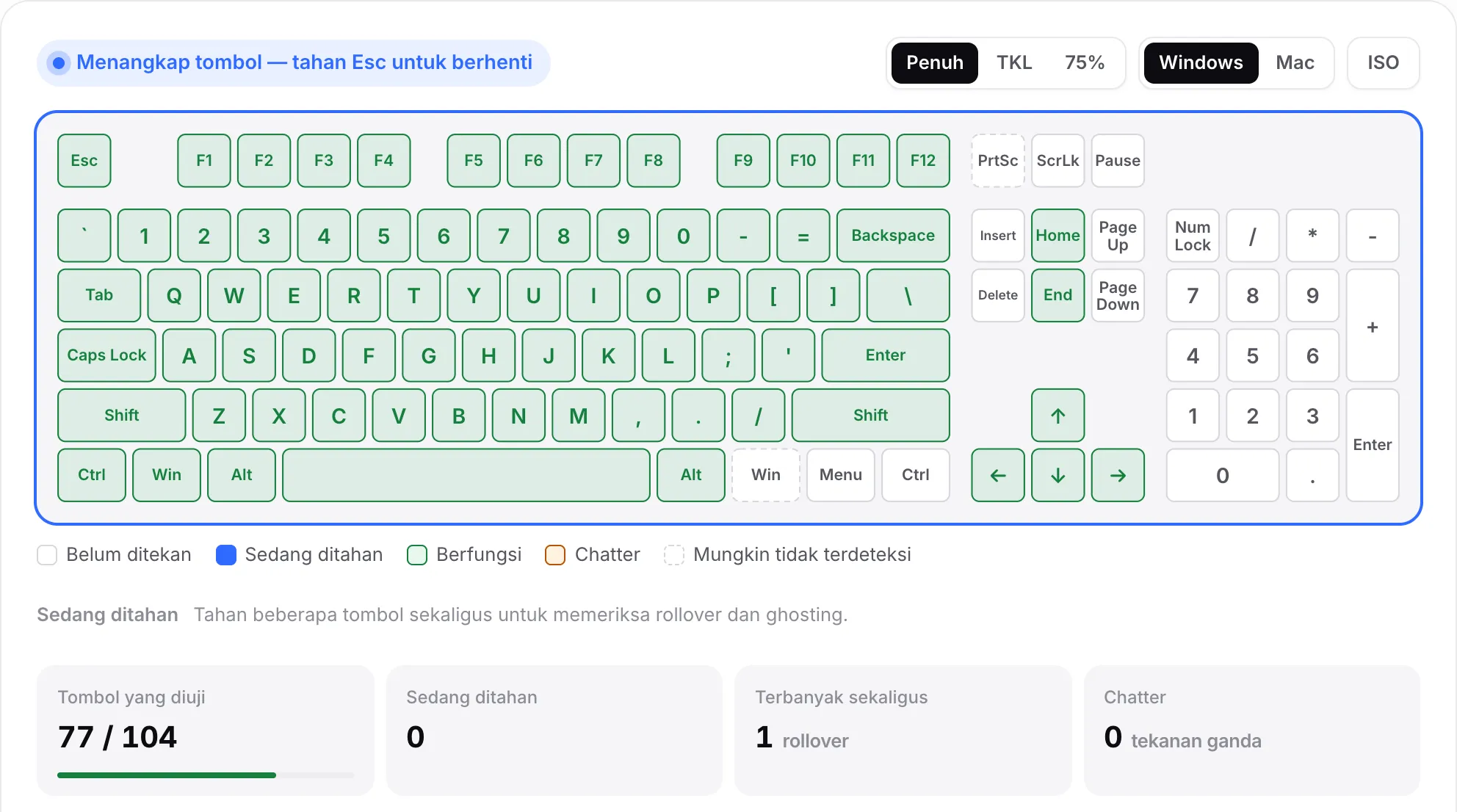 Keyboard virtual dengan sebagian besar tombol hijau, numpad masih putih, dan Tombol yang diuji pada 77 dari 104