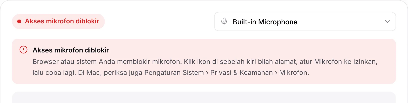 Tes mikrofon yang menampilkan pesan merah “Akses mikrofon diblokir” beserta petunjuknya
