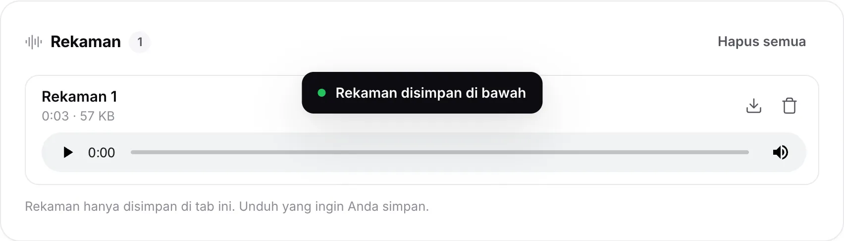 Sebuah rekaman di daftar Rekaman beserta durasi dan ukurannya, pemutar, serta tombol unduh dan hapus