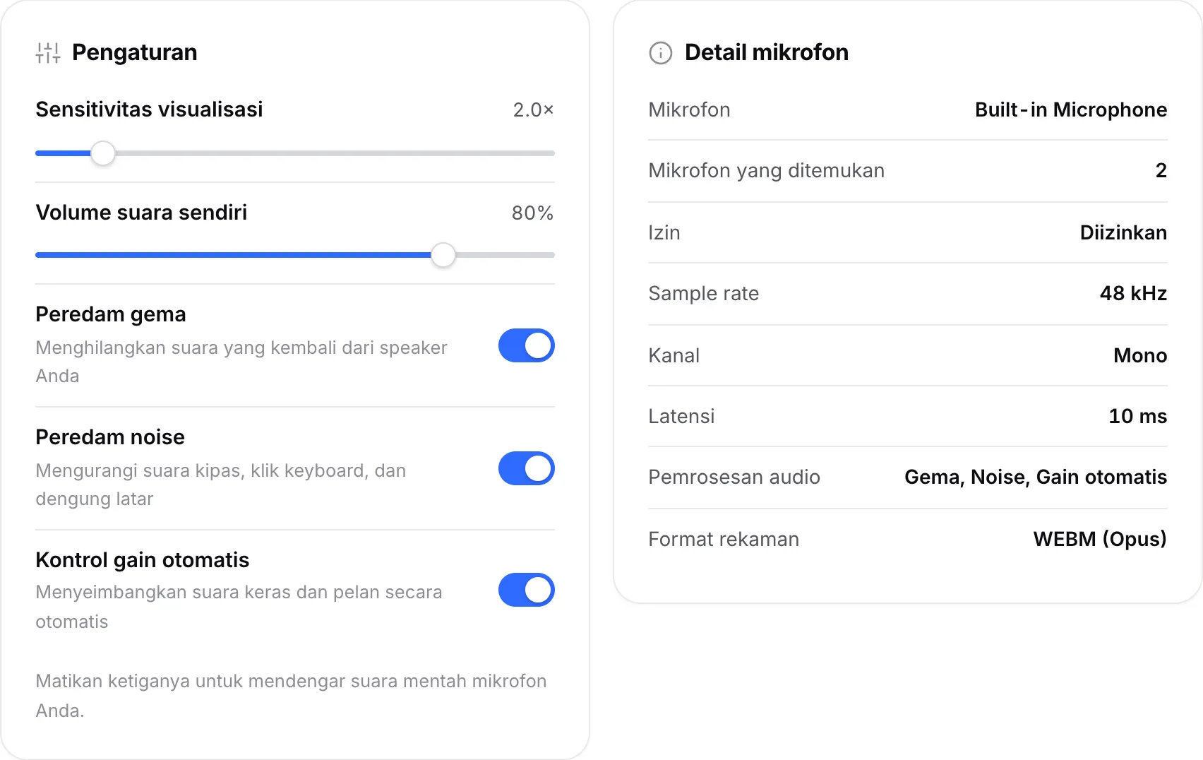 Panel Pengaturan dengan sakelar pemrosesan audio di samping panel Detail mikrofon