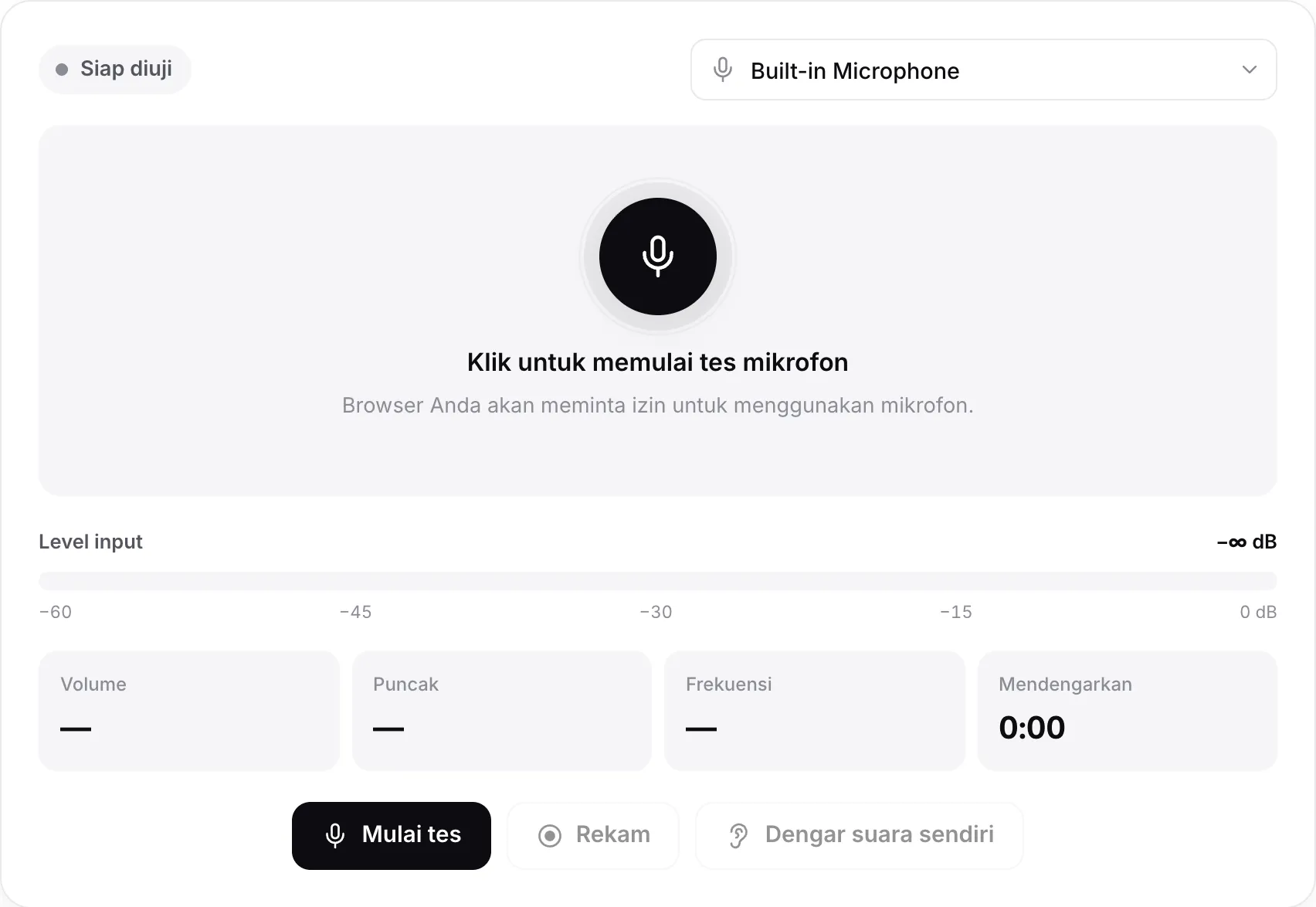 Tes mikrofon sebelum dimulai, dengan tombol Mulai tes dan menu mikrofon