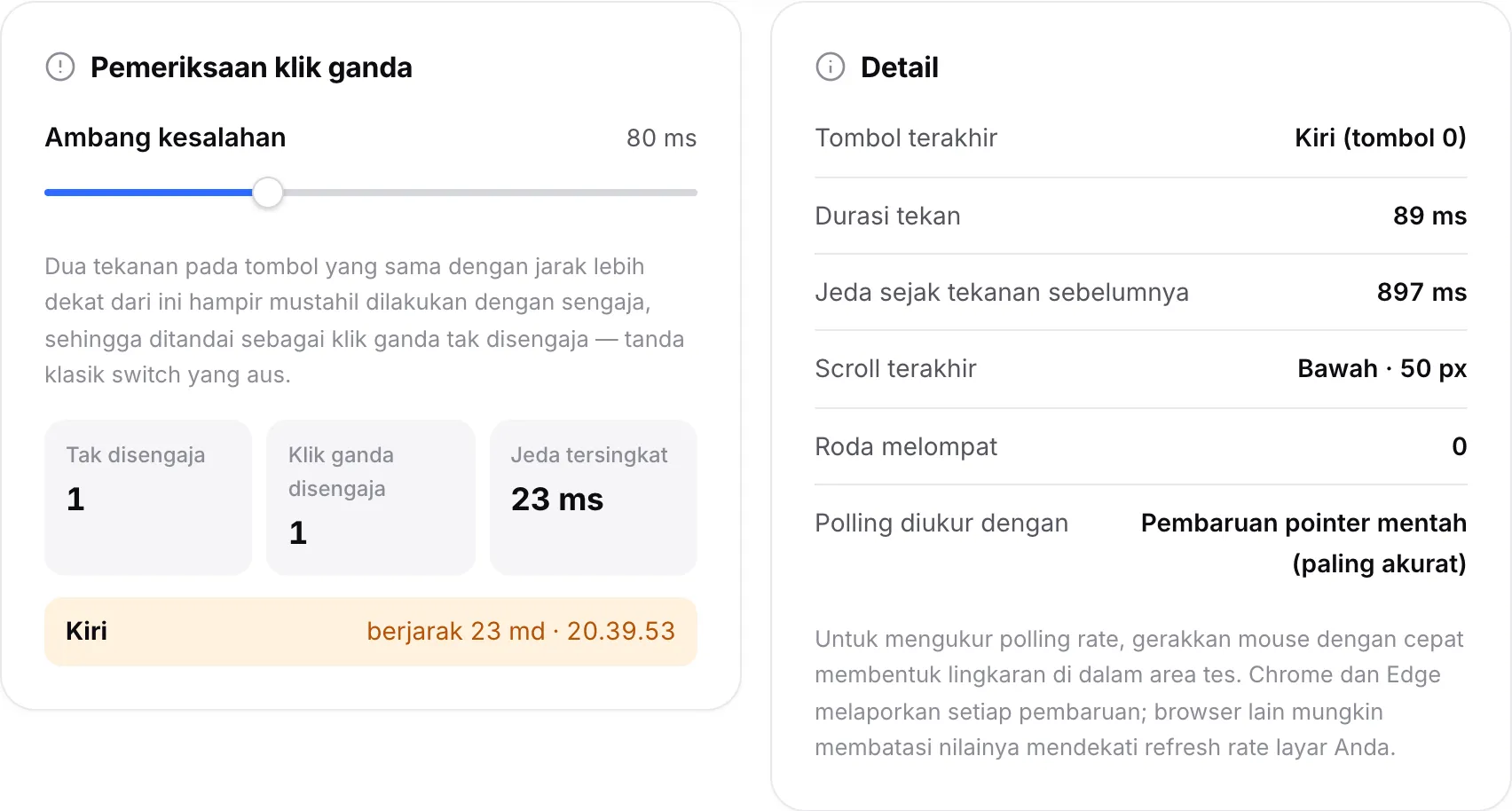 Panel Pemeriksaan klik ganda yang mencantumkan satu klik ganda tak disengaja pada tombol kiri dan satu klik ganda yang disengaja, di samping panel Detail