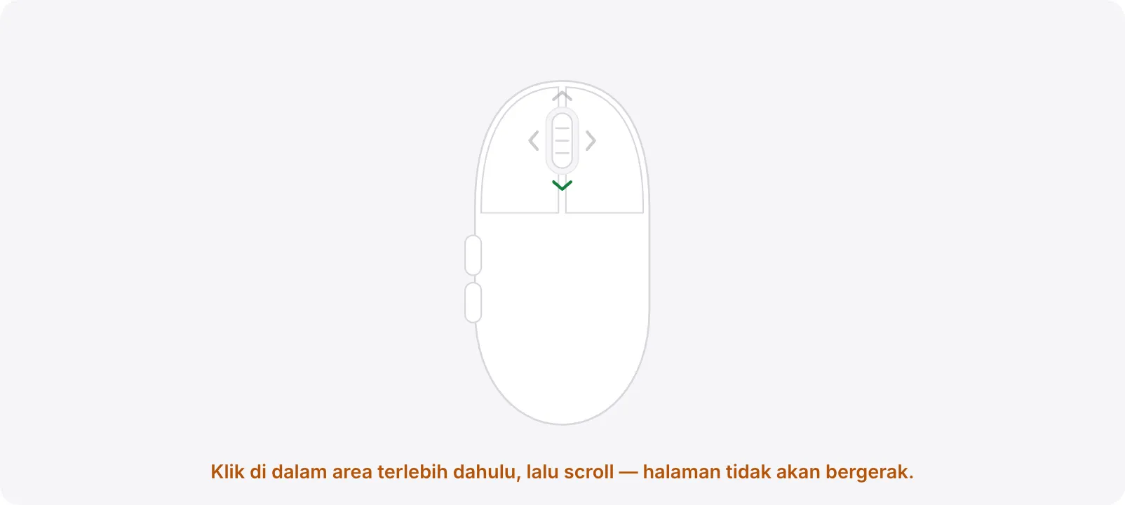 Area tes dengan petunjuk oranye “Klik di dalam area terlebih dahulu, lalu scroll — halaman tidak akan bergerak.”