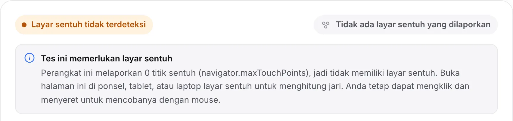 Tes multi-touch di komputer: status oranye “Layar sentuh tidak terdeteksi” dan pemberitahuan “Tes ini memerlukan layar sentuh”