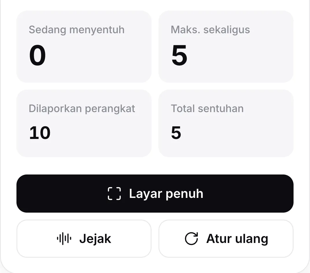 Penghitung setelah semua jari diangkat: Sedang menyentuh 0, Maks. sekaligus 5, Dilaporkan perangkat 10, dan Total sentuhan 5, di atas tombol Layar penuh, Jejak, dan Atur ulang