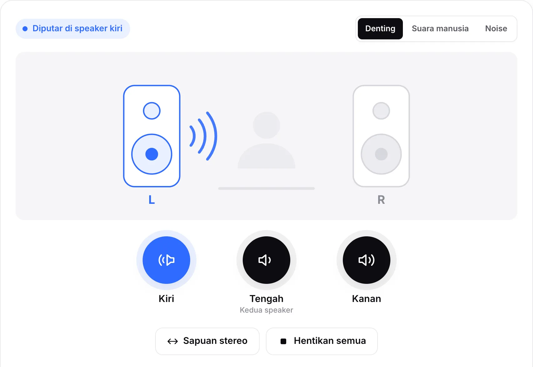 Tes suara yang diputar di speaker kiri: speaker kiri di diagram menyala dan tombol Kiri disorot