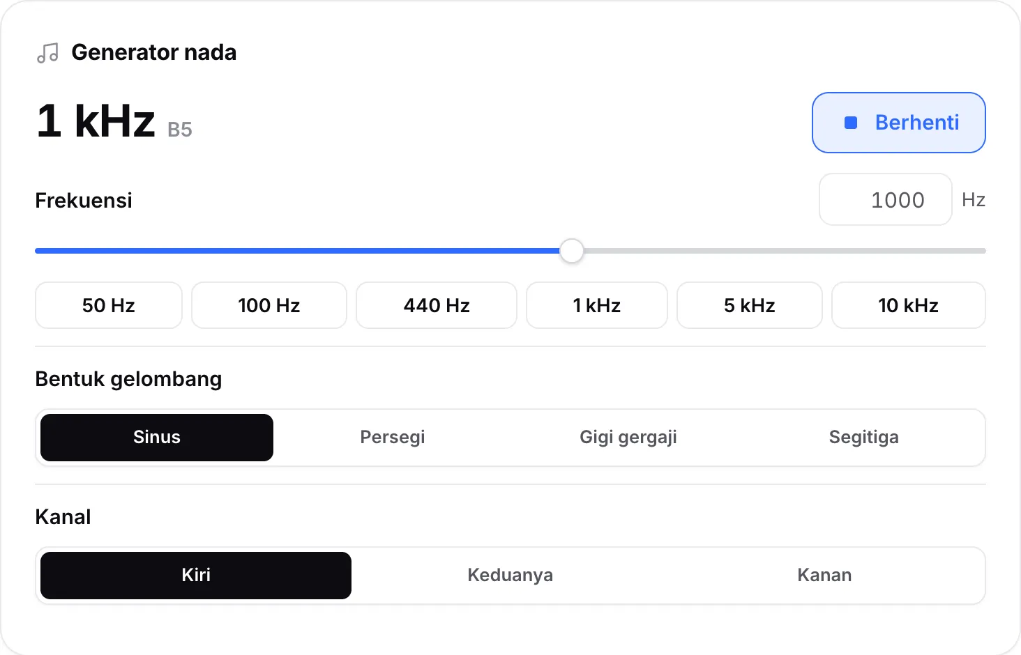 Generator nada yang memutar gelombang sinus 1 kHz di kanal kiri, dengan tombol Berhenti ditampilkan