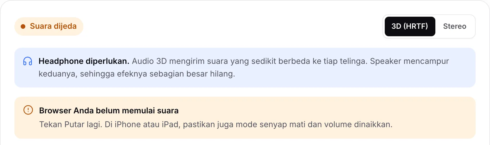 Tes audio 3D yang menampilkan status oranye “Suara dijeda” dan pemberitahuan “Browser Anda belum memulai suara”