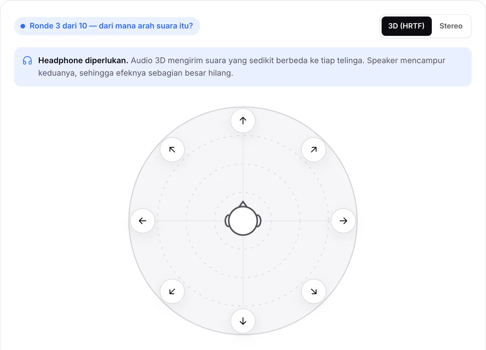 Kuis ronde 3 dari 10: delapan tombol panah di sekeliling kepala, menunggu Anda memilih arah suara
