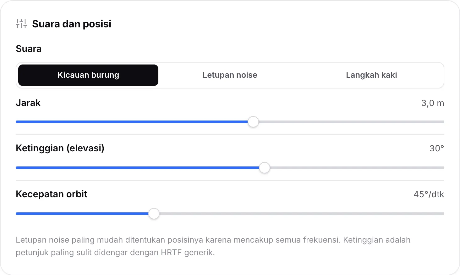 Panel Suara dan posisi dengan Jarak diatur ke 3,0 m dan Ketinggian (elevasi) diatur ke 30°