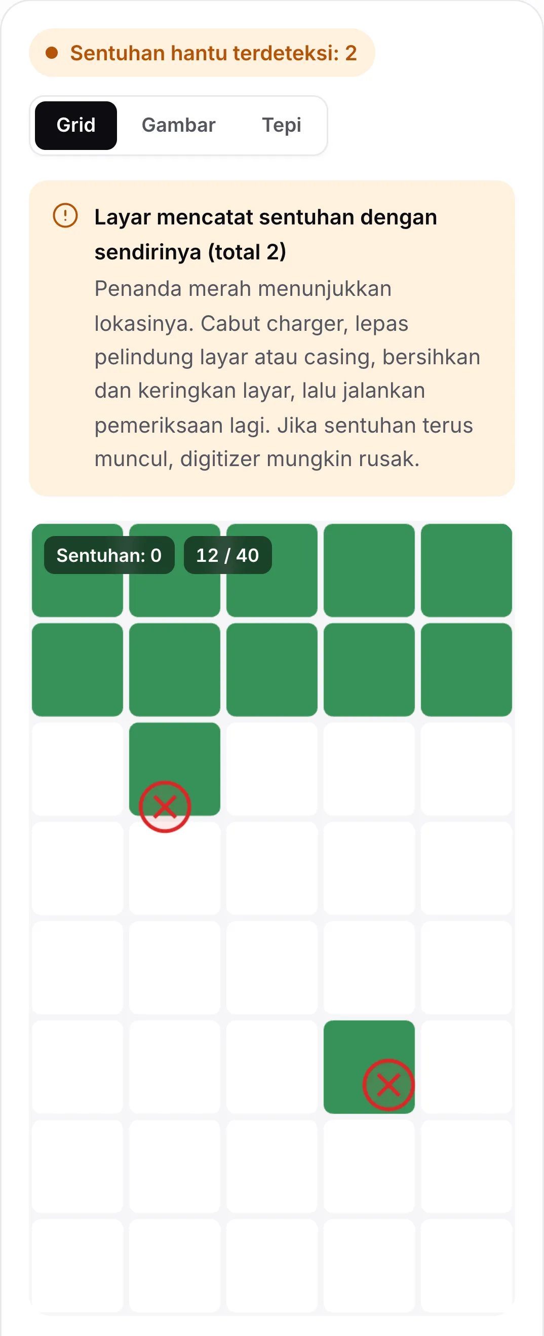 Hasil pemeriksaan sentuhan hantu: status oranye “Sentuhan hantu terdeteksi: 2”, saran untuk mencabut charger dan membersihkan layar, dan dua penanda merah pada grid
