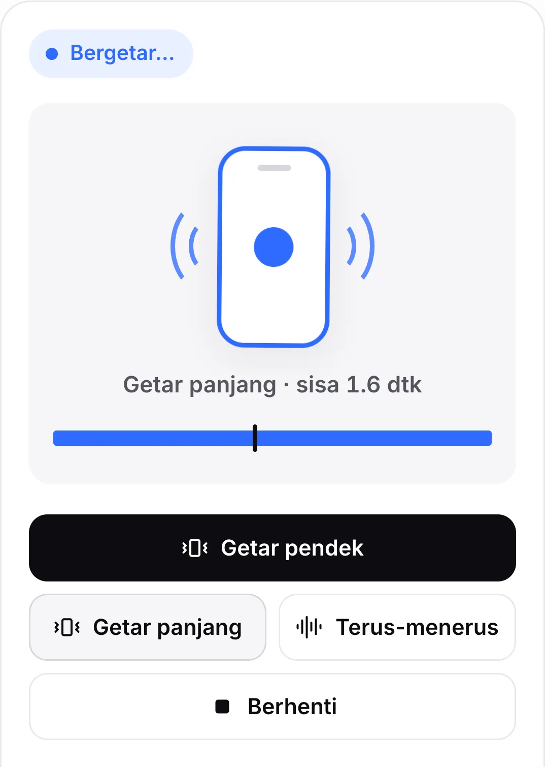 Getar panjang tiga detik yang sedang diputar: status “Bergetar…”, ikon ponsel yang bergoyang, “Getar panjang · sisa 1,6 dtk”, dan bilah kemajuan dengan penandanya