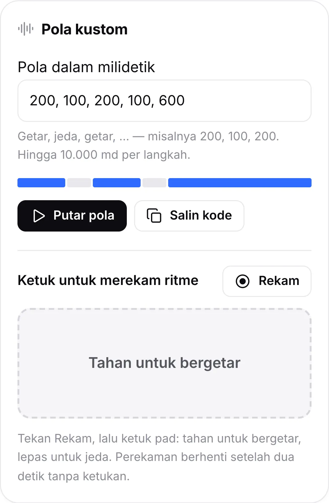Kartu Pola kustom dengan pola 200, 100, 200, 100, 600, bilah pratinjaunya, tombol Putar pola dan Salin kode, serta pad ketuk untuk merekam ritme