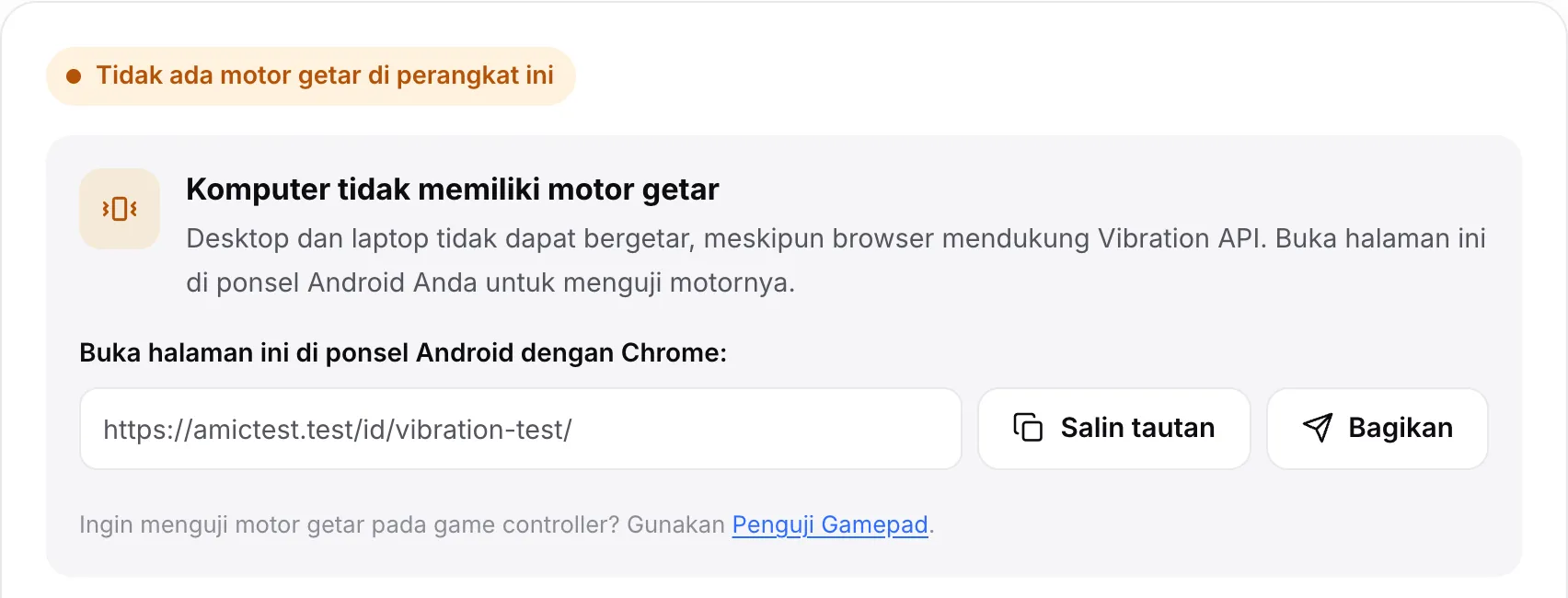 Tes getaran di komputer: status oranye “Tidak ada motor getar di perangkat ini” dengan tautan halaman, tombol Salin tautan dan Bagikan
