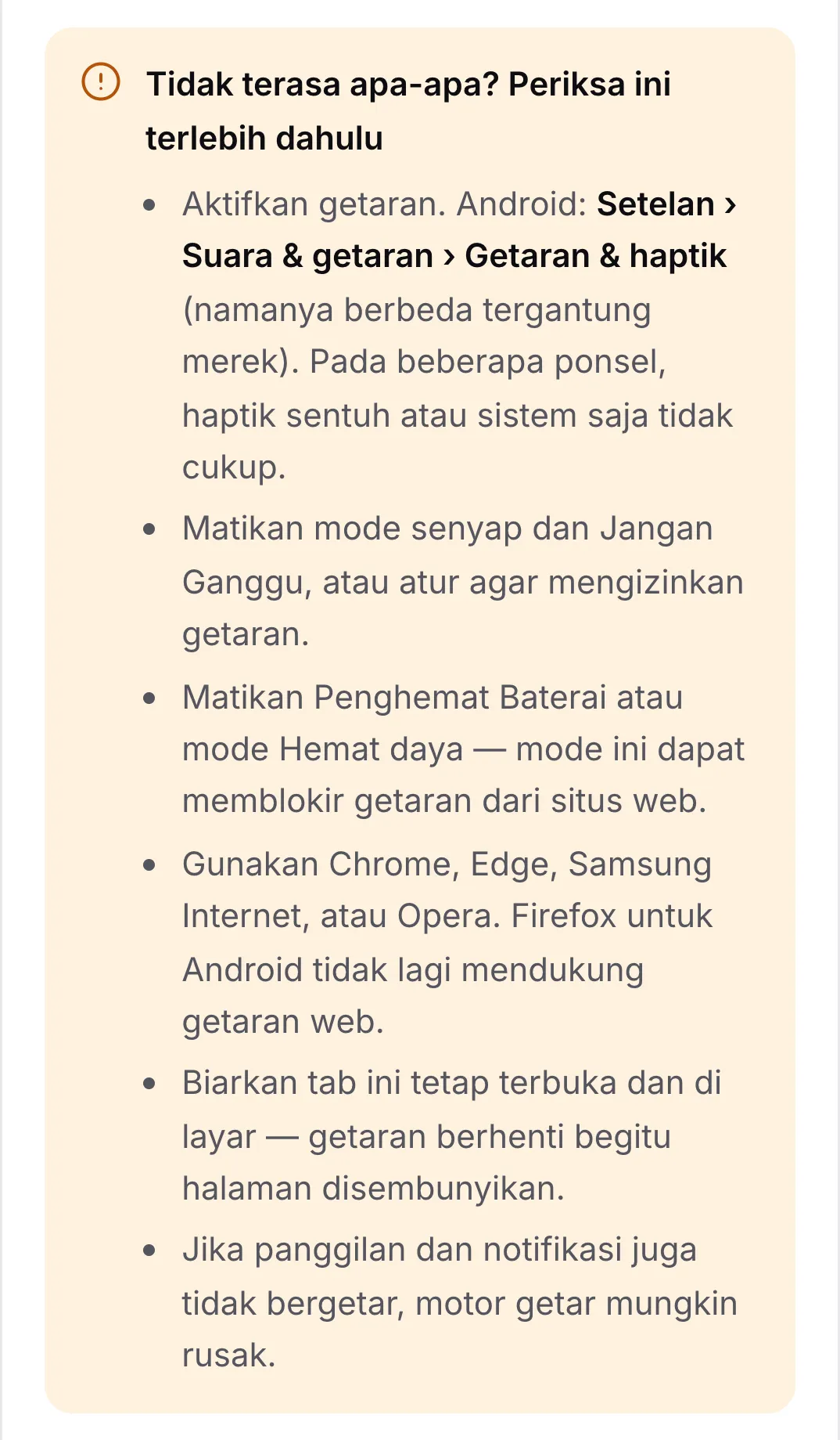 Daftar periksa “Tidak terasa apa-apa? Periksa ini terlebih dahulu” dengan enam tips, dimulai dengan mengaktifkan getaran di pengaturan Android