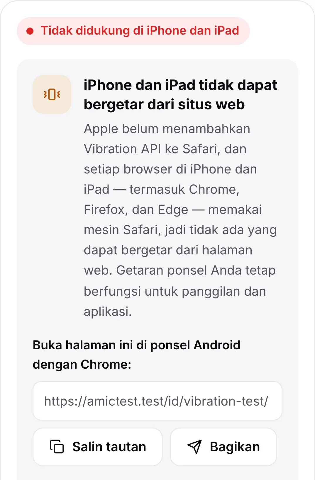 Tes getaran di iPhone: status merah “Tidak didukung di iPhone dan iPad”, penjelasan, dan tautan untuk membuka halaman di ponsel Android