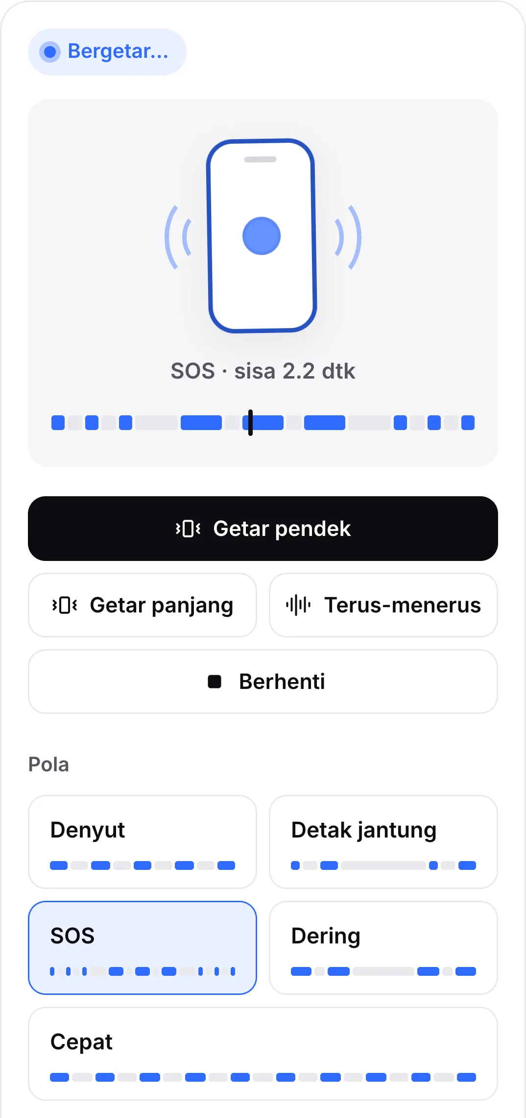 Pola SOS yang sedang diputar: tombolnya disorot dan linimasa di atas tombol menunjukkan getar pendek dan panjang dengan penanda berada di getar panjang