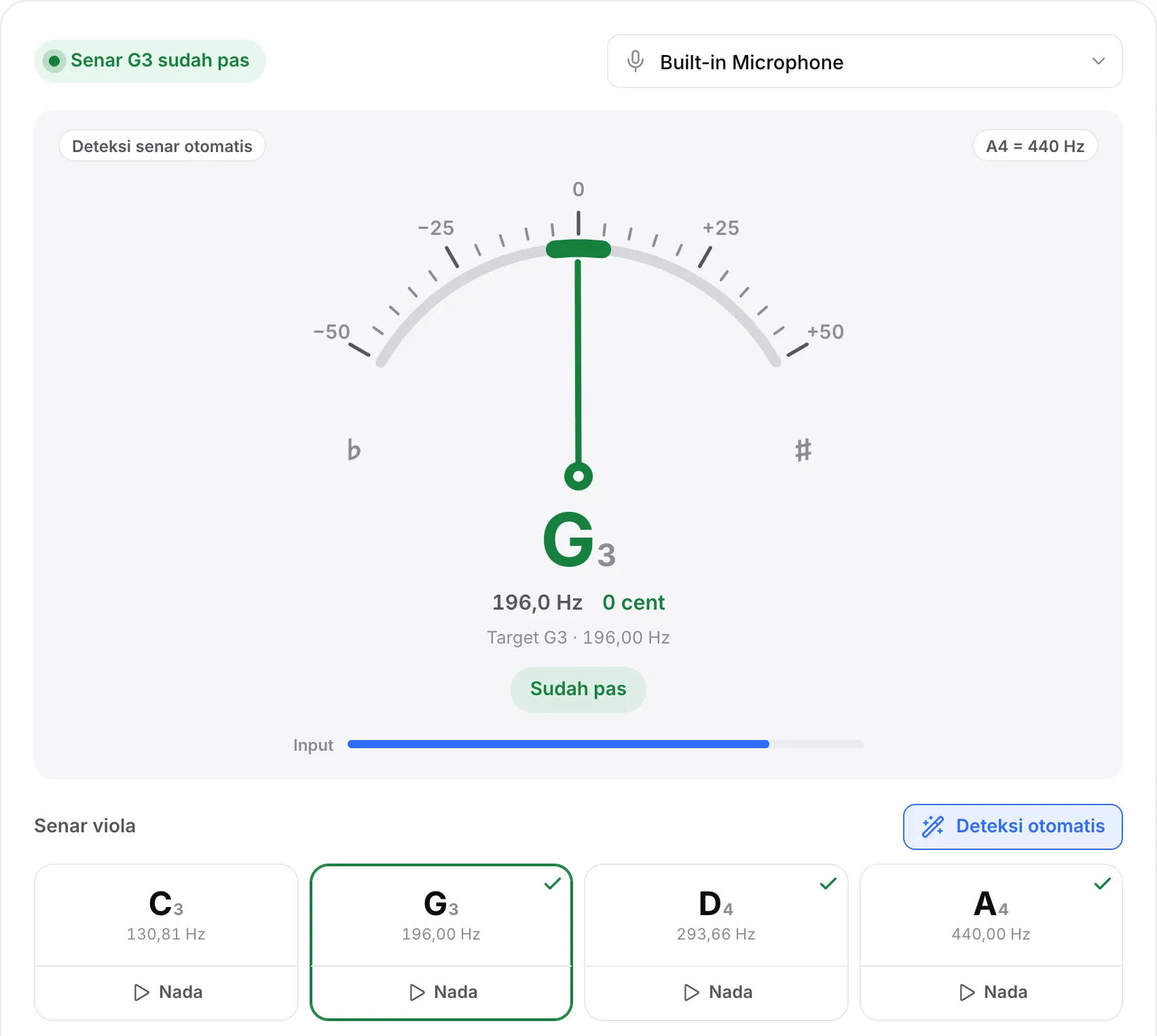 Senar G sudah pas: jarum hijau di 0 cent, status “Senar G3 sudah pas”, dan tanda centang pada senar G, D, dan A