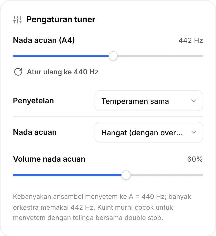 Pengaturan tuner dengan slider nada acuan (A4) diatur ke 442 Hz, menu penyetelan, dan opsi nada acuan