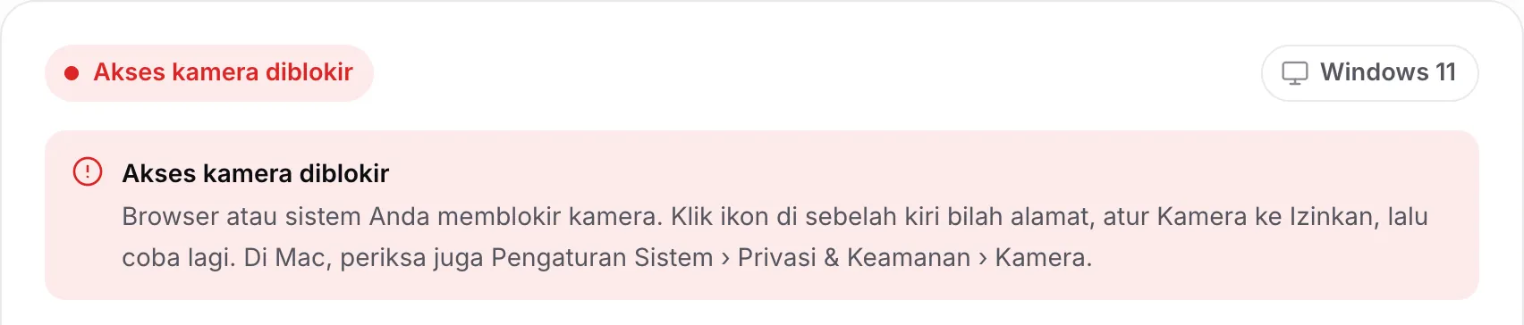 Pencari driver webcam yang menampilkan pesan merah “Akses kamera diblokir” beserta petunjuknya