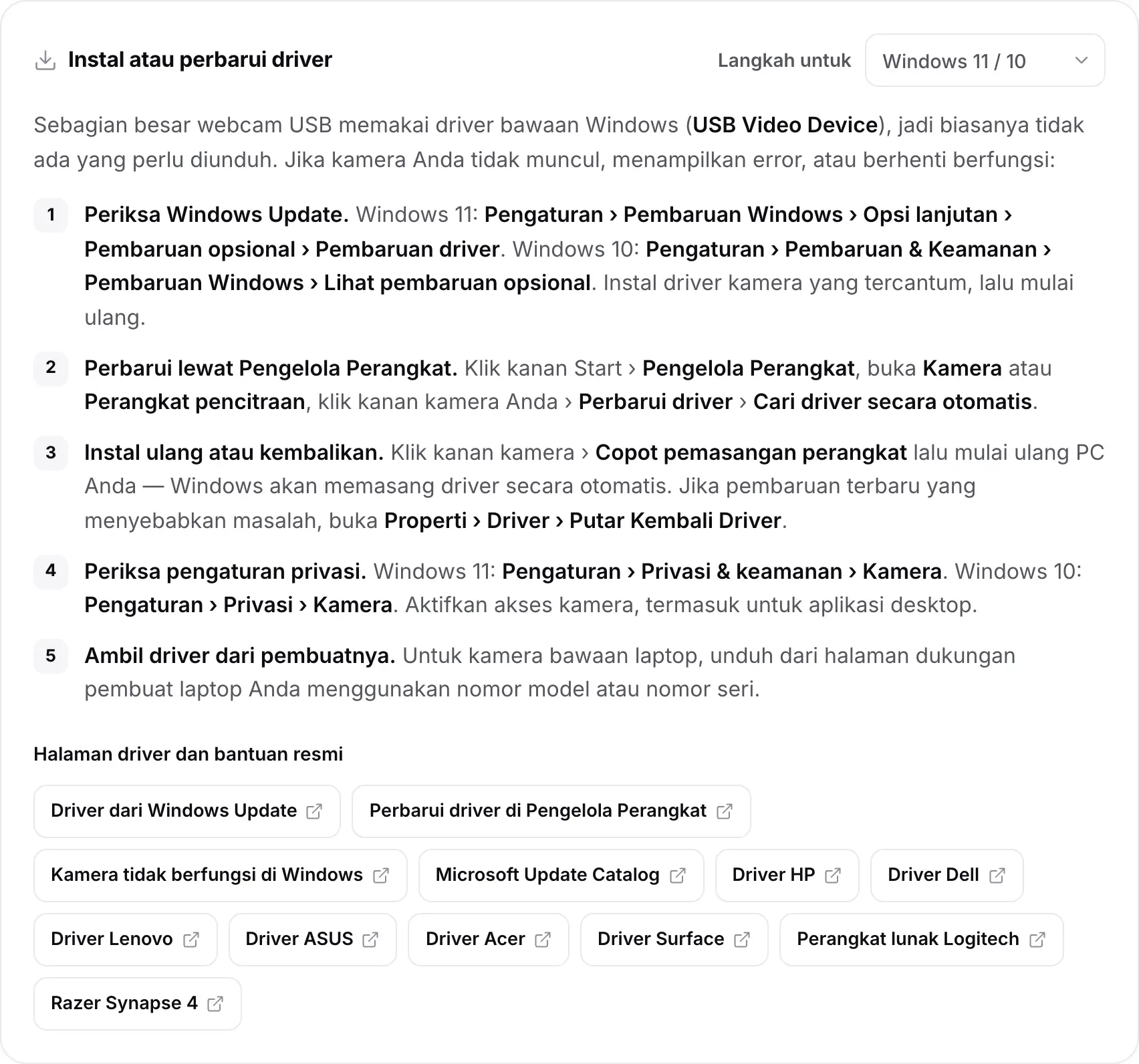 Kartu Instal atau perbarui driver dengan langkah Windows 11 / 10 dan tautan ke halaman driver dan bantuan resmi