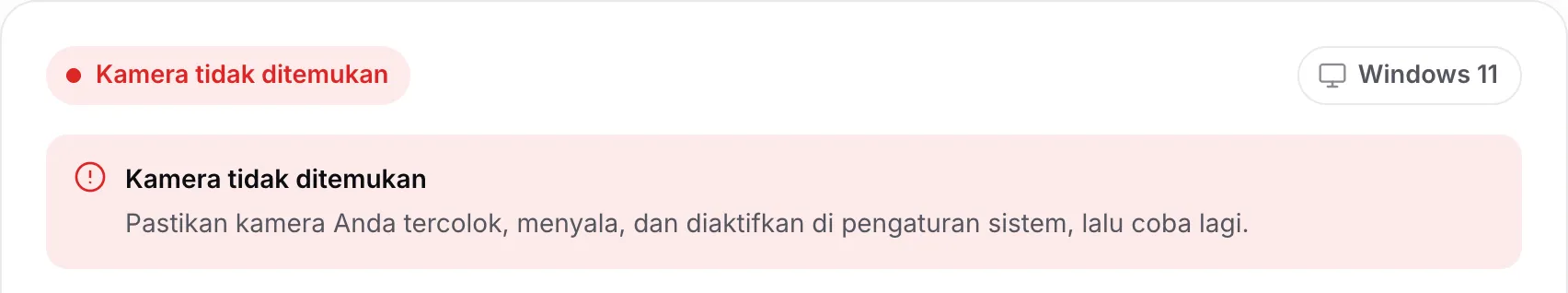 Pencari driver webcam yang menampilkan “Kamera tidak ditemukan” dengan saran untuk memeriksa bahwa kamera tercolok, menyala, dan diaktifkan