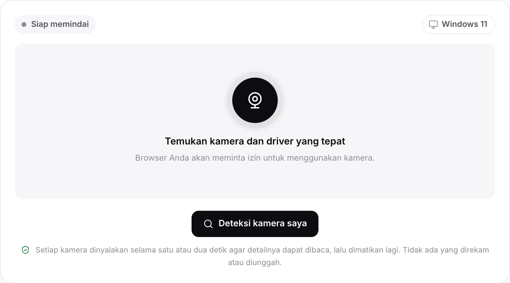 Pencari driver webcam sebelum pemindaian, dengan tombol Deteksi kamera saya dan sistem yang terdeteksi, Windows 11