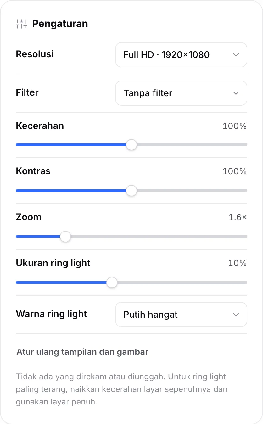 Pengaturan cermin dengan kecerahan, kontras, zoom 1,6×, ukuran ring light 10%, dan warna ring light Putih hangat