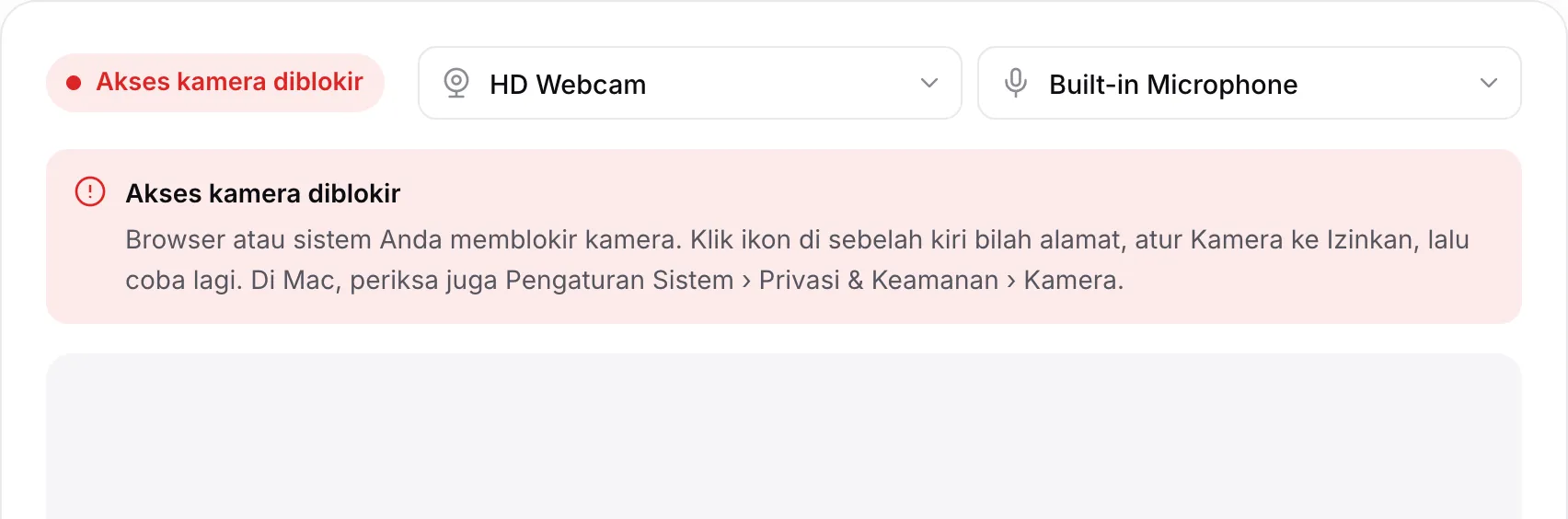 Perekam webcam yang menampilkan pesan merah “Akses kamera diblokir” beserta petunjuknya