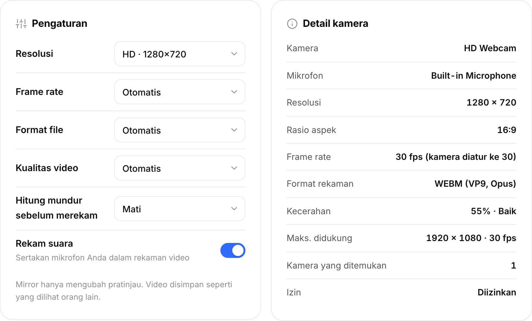 Pengaturan perekaman di samping Detail kamera, yang menampilkan 1280 × 720, 30 fps, dan format rekaman WEBM (VP9, Opus)