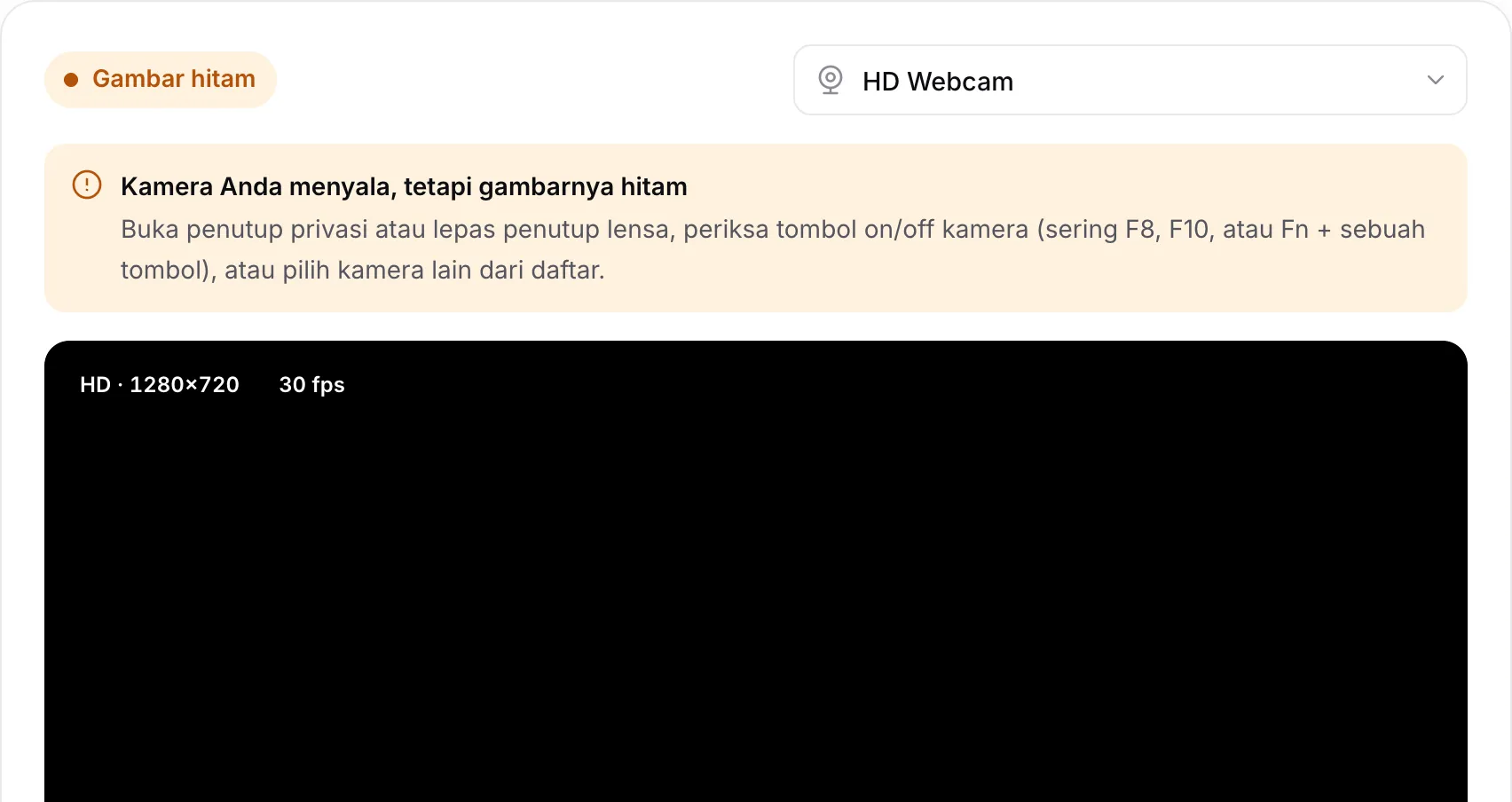 Tes webcam yang menampilkan peringatan “Kamera Anda menyala, tetapi gambarnya hitam” di atas gambar hitam