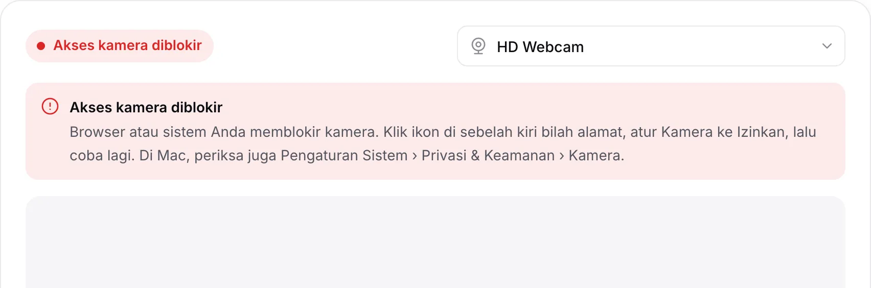 Tes webcam yang menampilkan pesan merah “Akses kamera diblokir” beserta petunjuknya