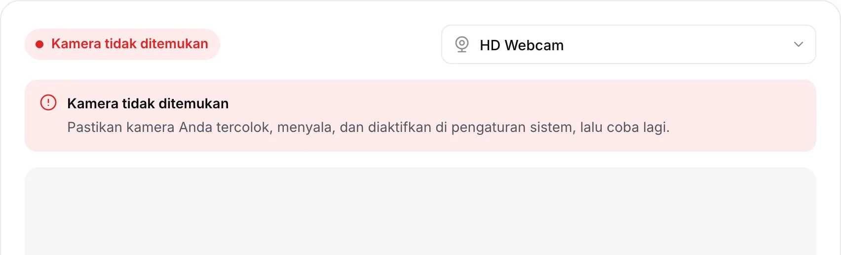 Penampil webcam yang menampilkan pesan merah “Kamera tidak ditemukan”