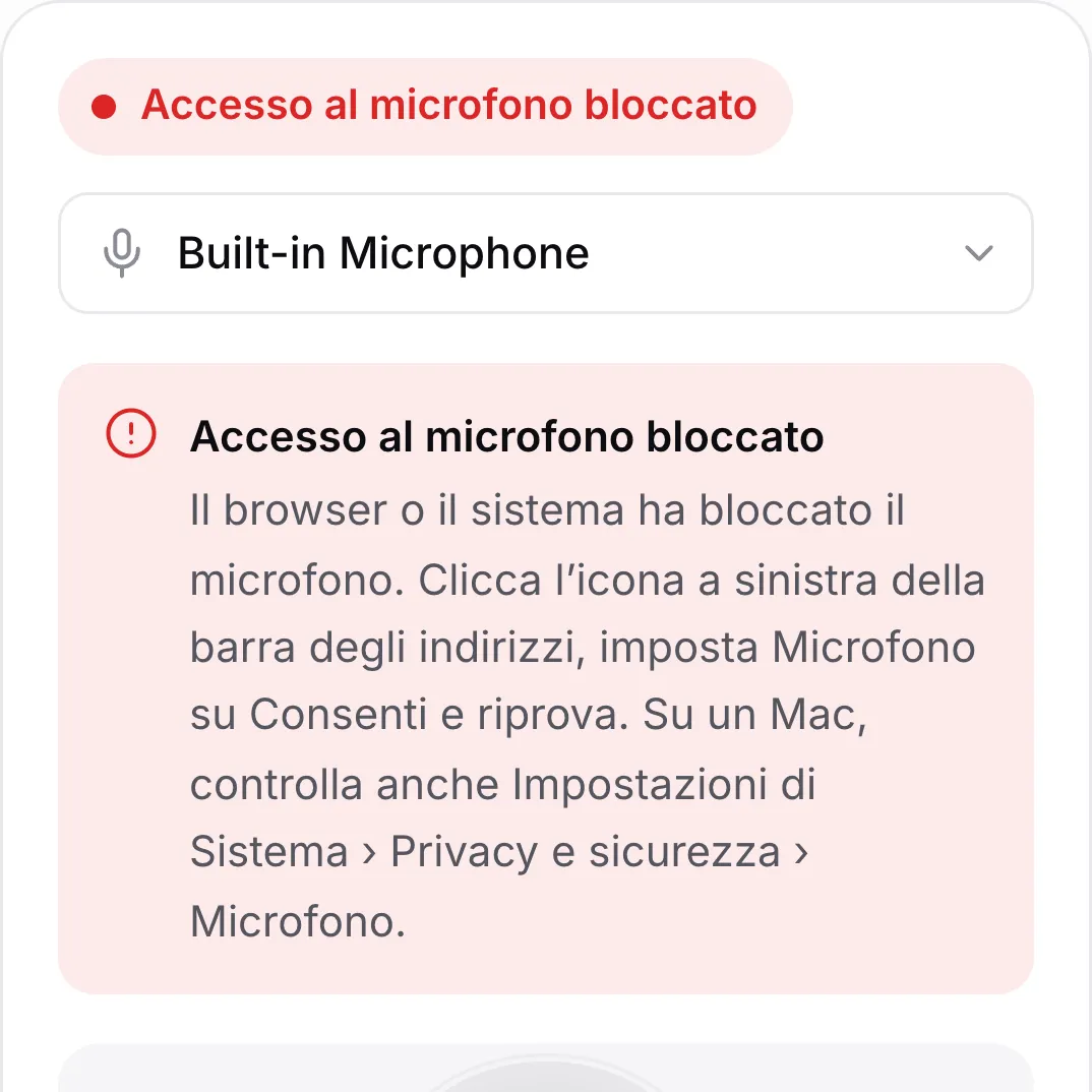 Il test del microfono su un telefono con il messaggio rosso “Accesso al microfono bloccato”