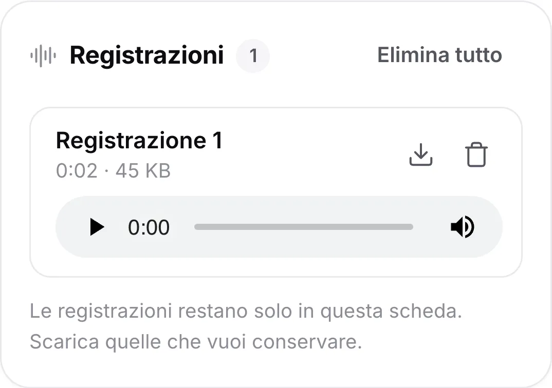 Una registrazione su un telefono con durata, un lettore e i pulsanti per scaricare ed eliminare