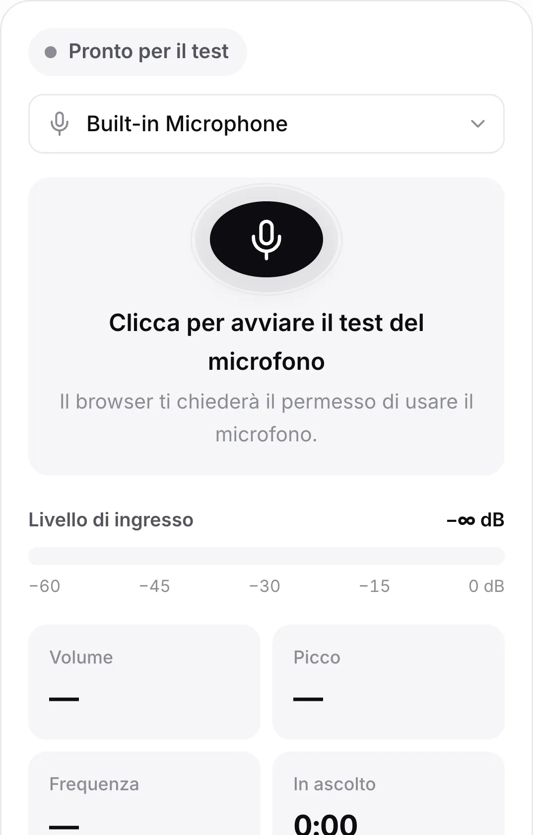 Il test del microfono su un telefono prima dell’avvio, con il grande pulsante del microfono